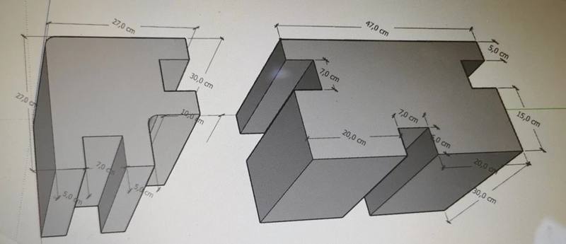 3D drawings of the interlocking corner joint and wall panel, with dimensions in centimetres
