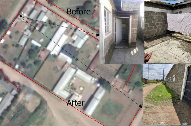 Aerial map of the condominial sewer network in Nakuru with before and after photos of a household toilet converted for connection