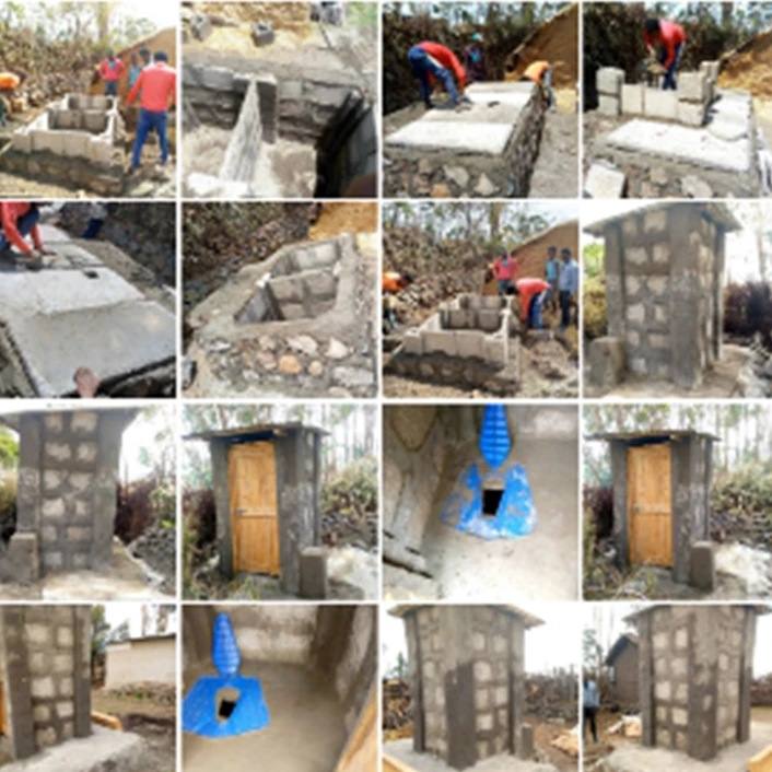 Grid of progress photos shared by artisans on Telegram, from pit lining and slab to walls, door and finished toilet